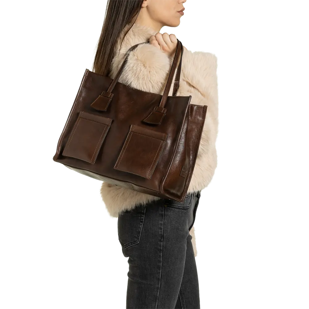 Borsa shopping con tracolla aggiuntiva regolabile - marrone