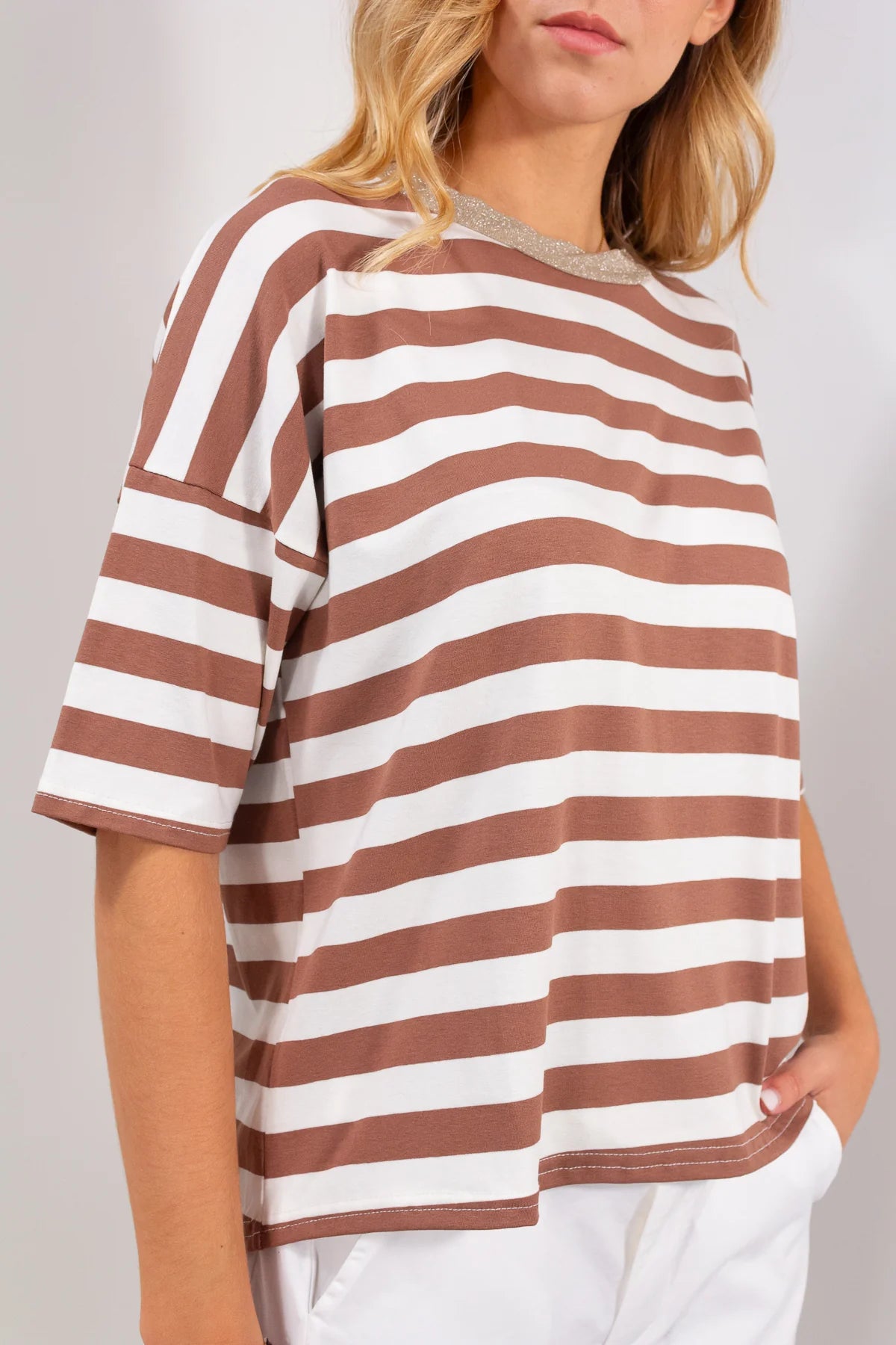 Maglia kimono riga alta e collo in lurex