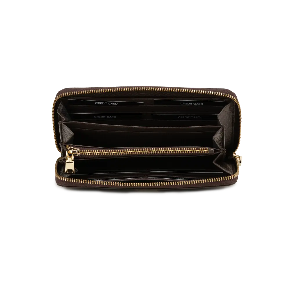 Portafogli donna con zip around. Scomparti interni multitasche - cioccolato