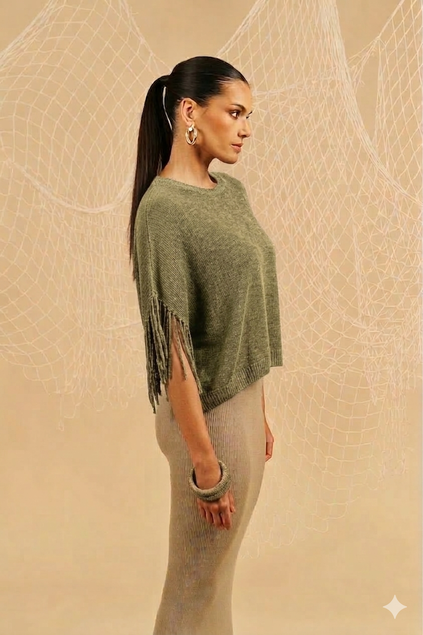 Maglia a girocollo con frange - militare