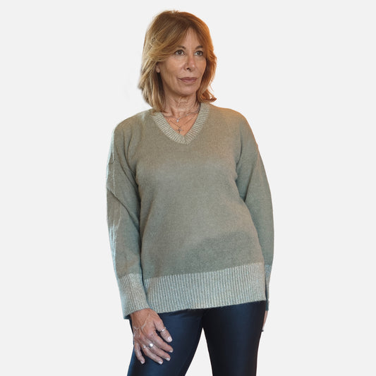 Pullover scollo a V bordo con lurex