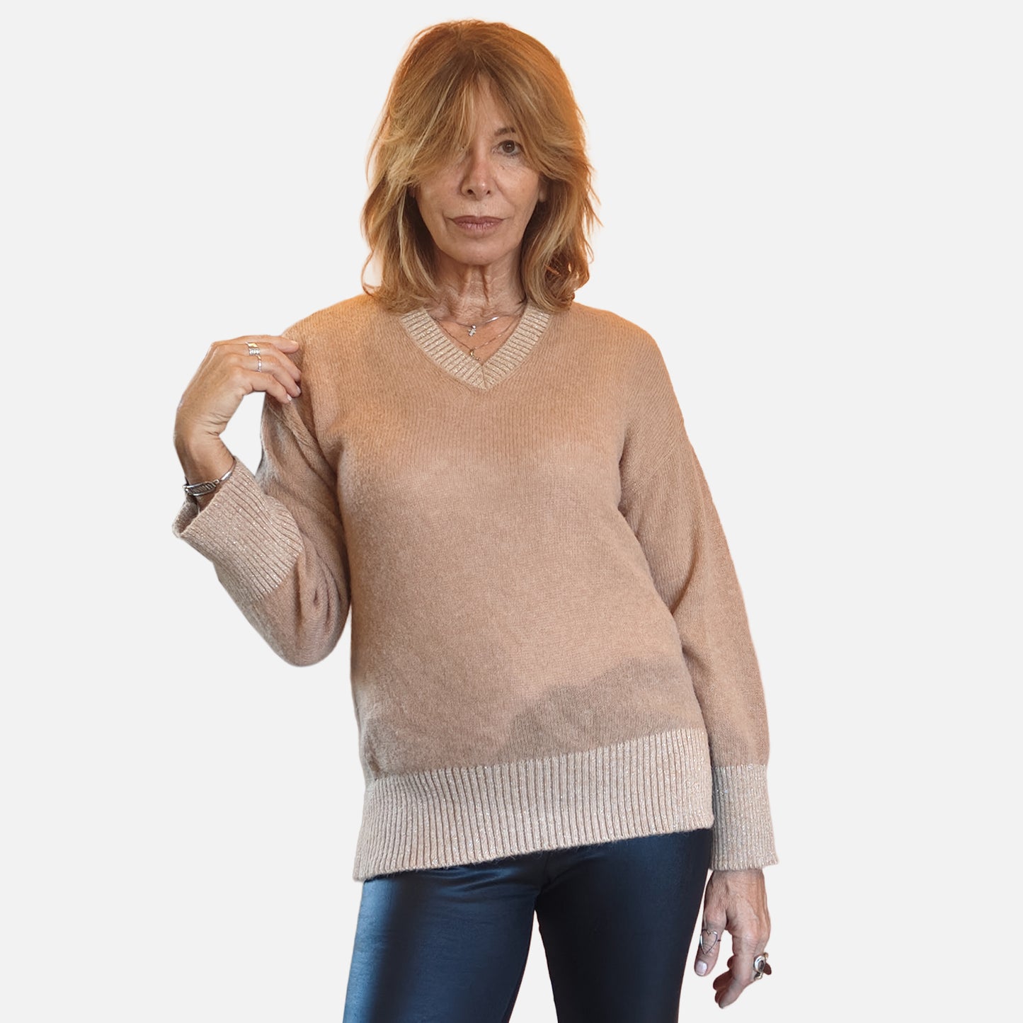 Pullover scollo a V bordo con lurex