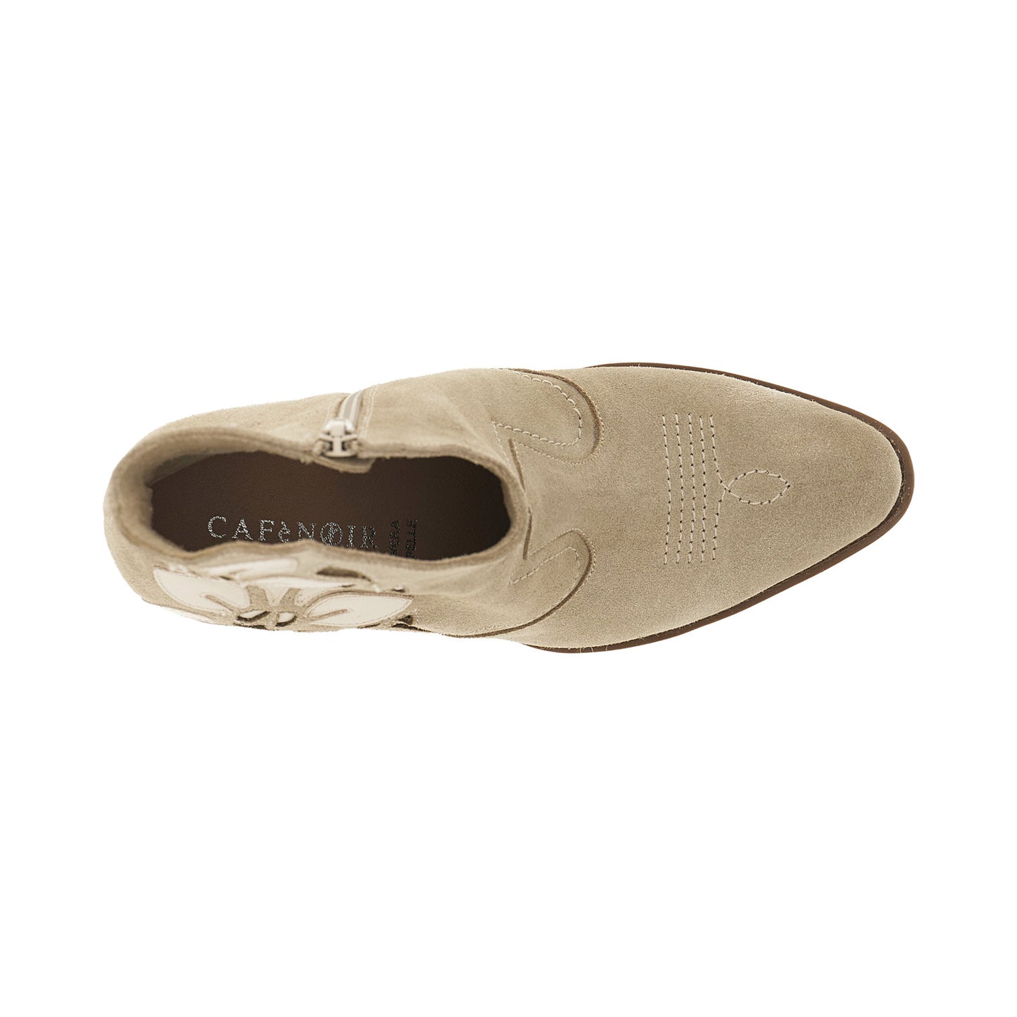 Tronchetto in pelle scamosciata traforata con fiori beige