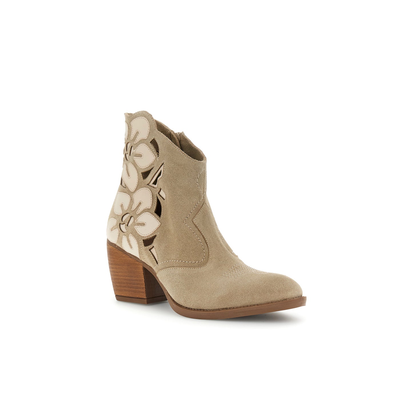 Tronchetto in pelle scamosciata traforata con fiori beige
