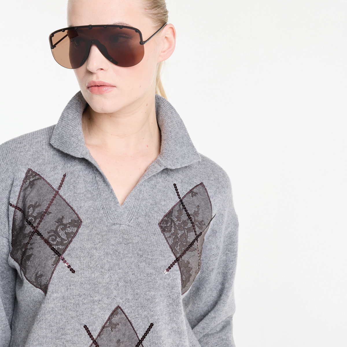 Maglia a quadri con paillettes - grigio