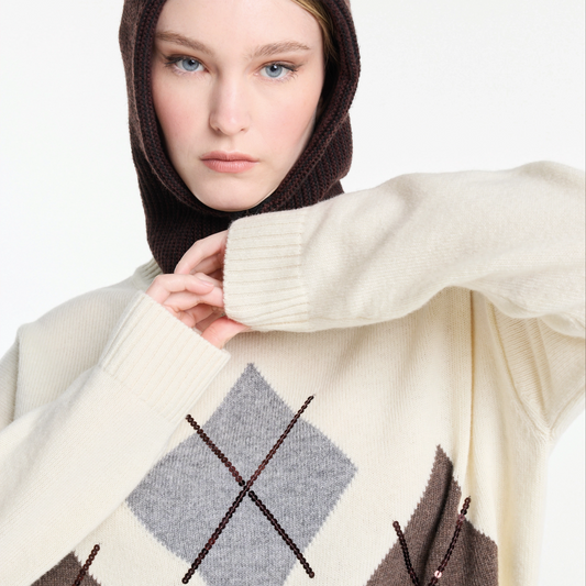 Maglia a quadri con paillettes - panna grigio e marrone