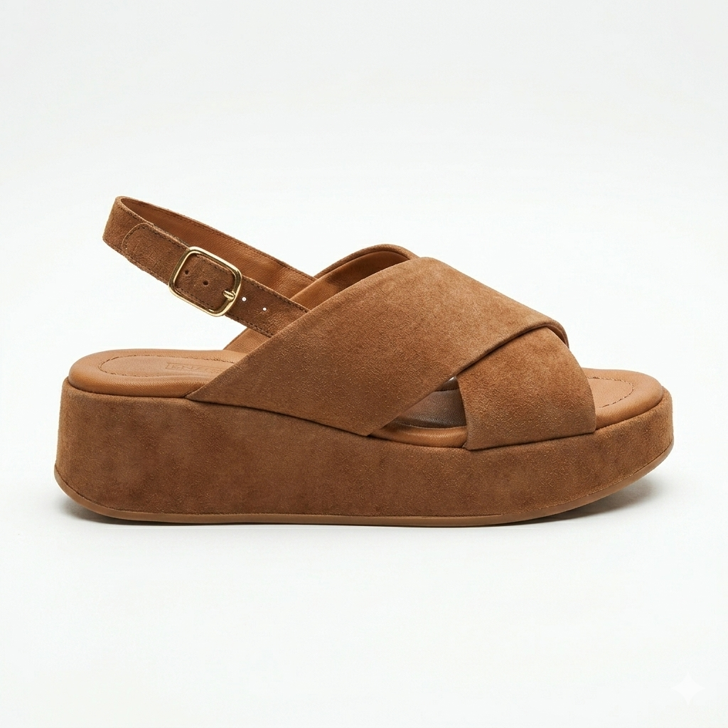 Sandalo fascia incrocio zeppa bassa in pelle suede