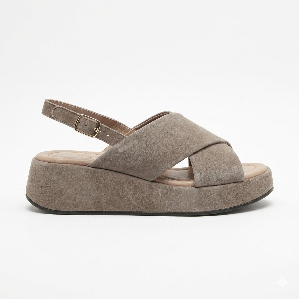 Sandalo fascia incrocio zeppa bassa in pelle suede