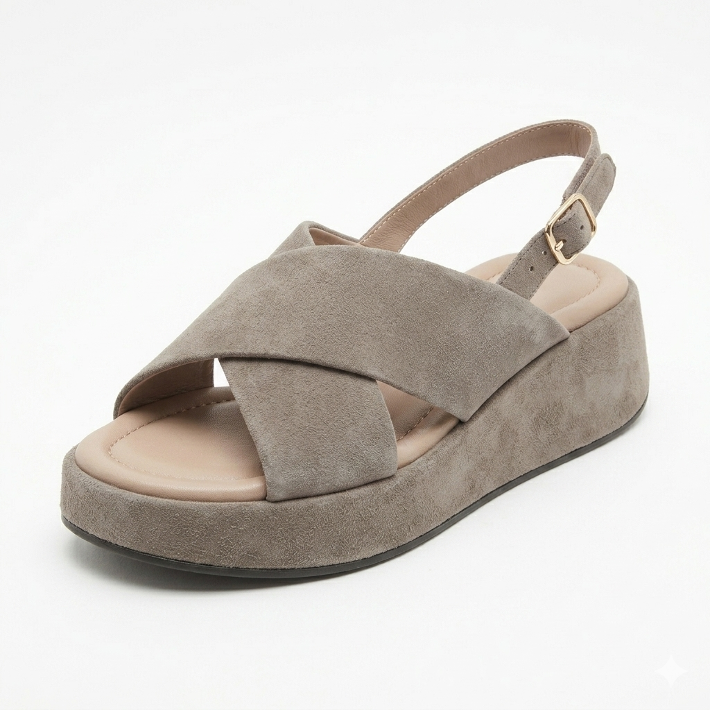 Sandalo fascia incrocio zeppa bassa in pelle suede