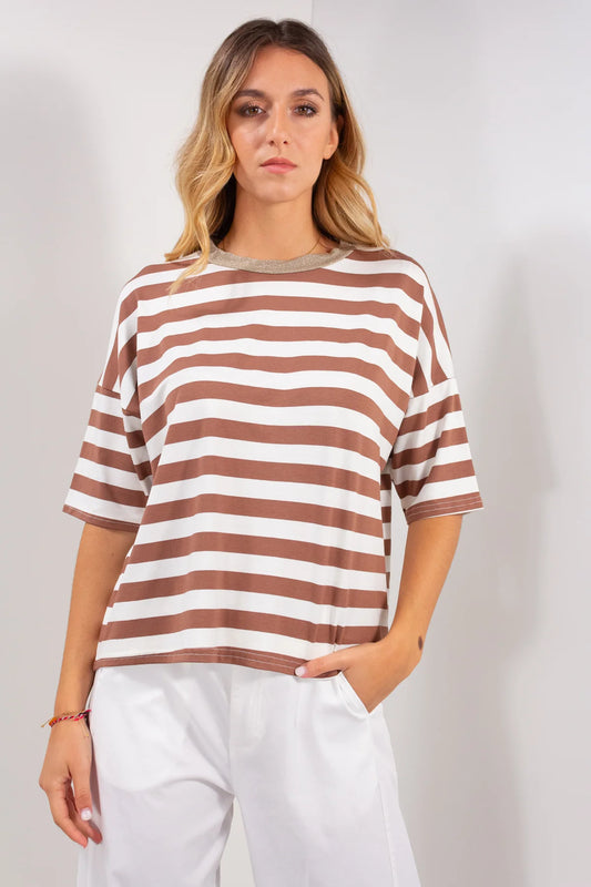 Maglia kimono riga alta e collo in lurex