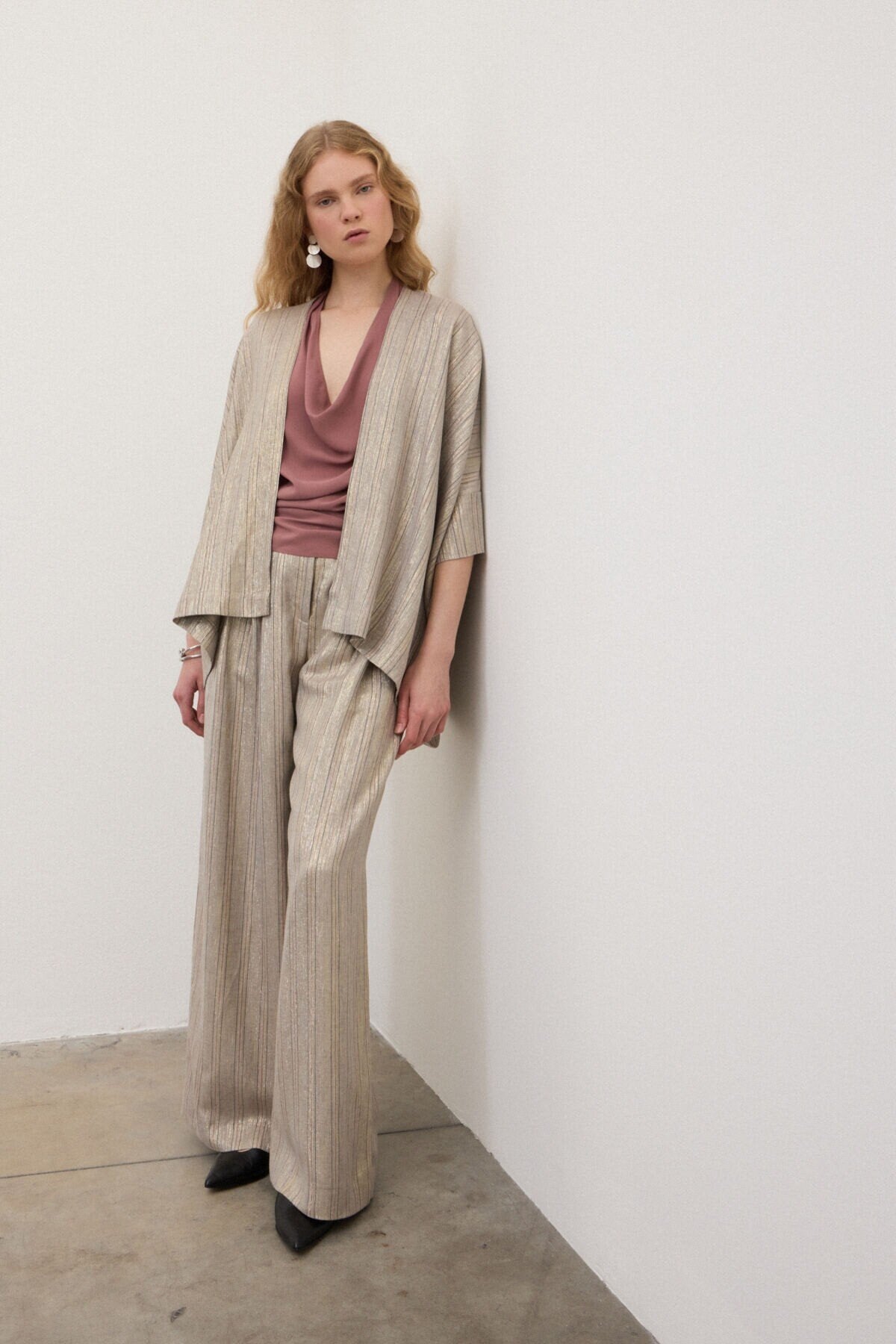 Kimono gessato in viscosa e lino