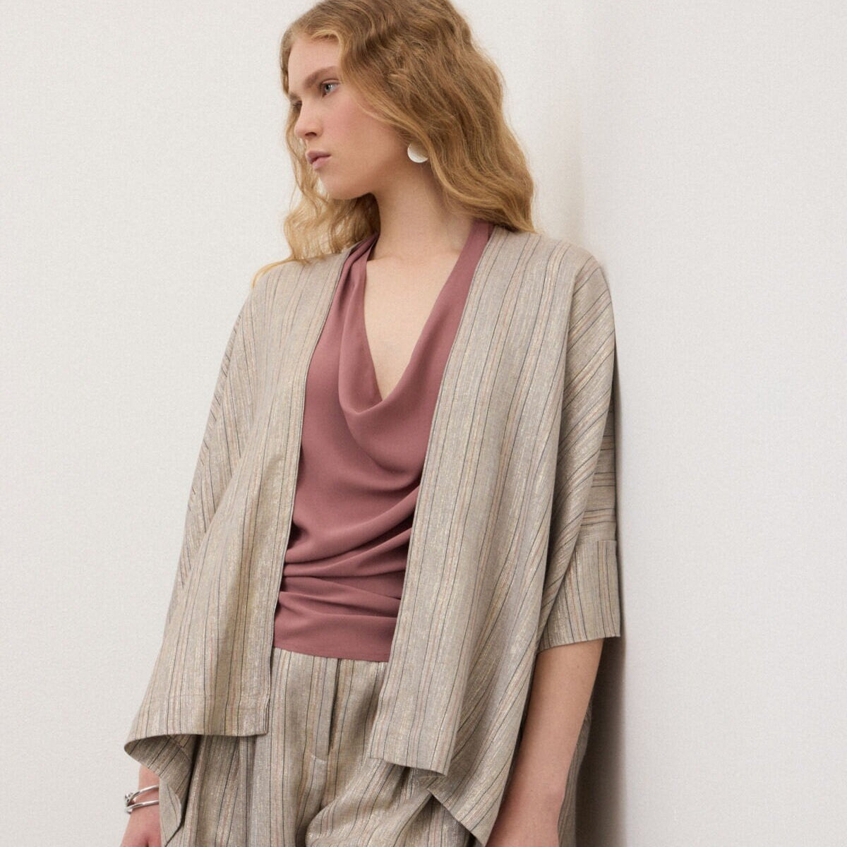 Kimono gessato in viscosa e lino