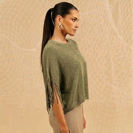 Maglia a girocollo con frange - militare
