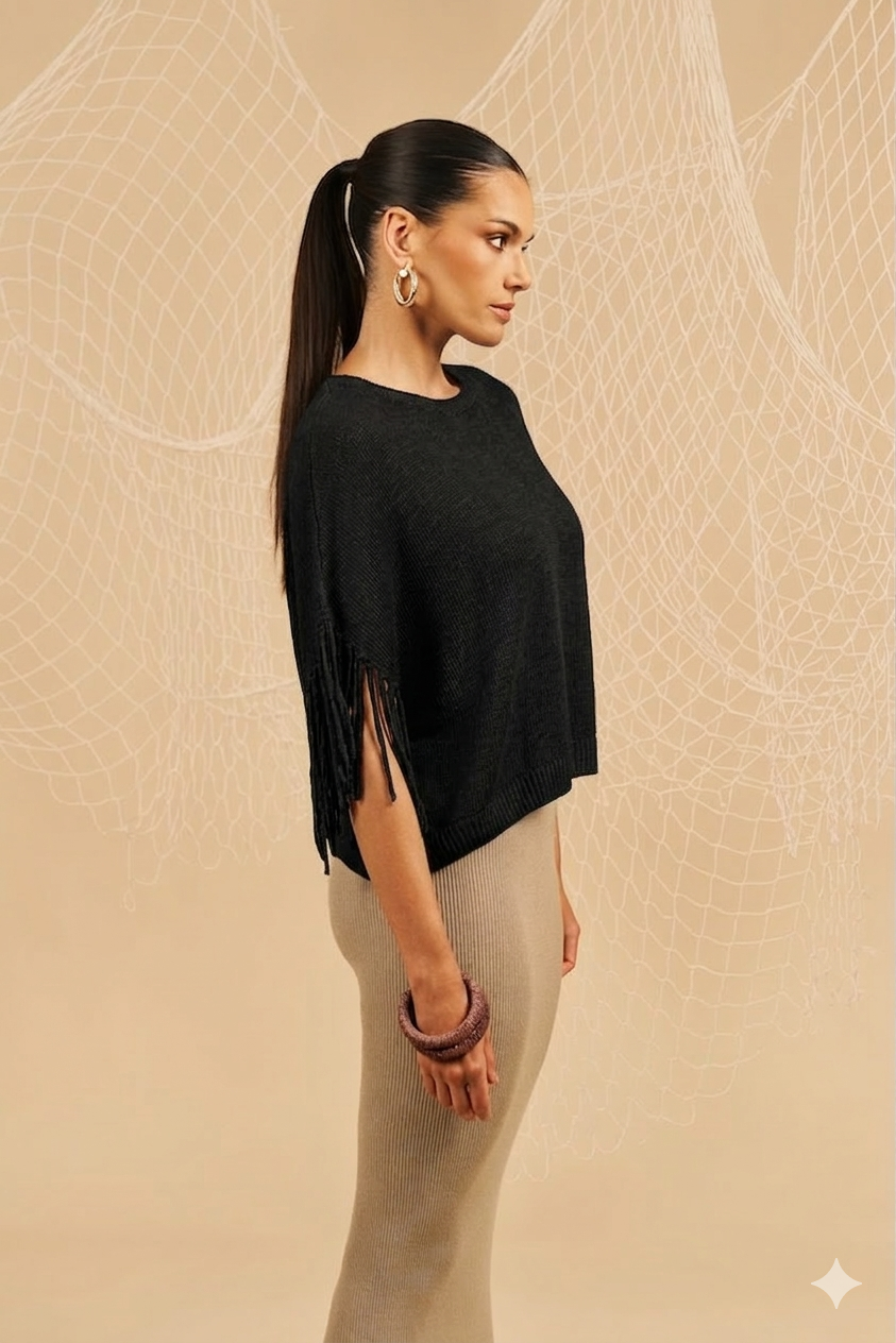 Maglia a girocollo con frange - nero