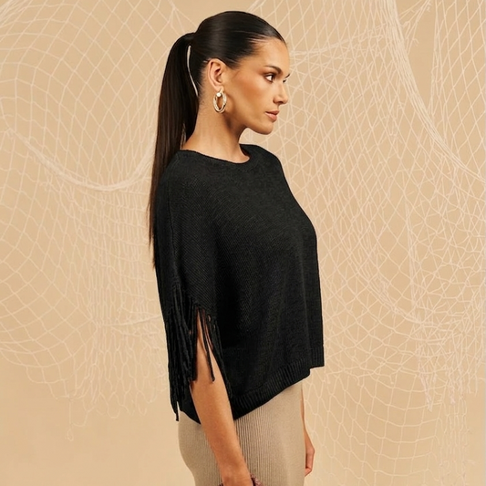 Maglia a girocollo con frange - nero