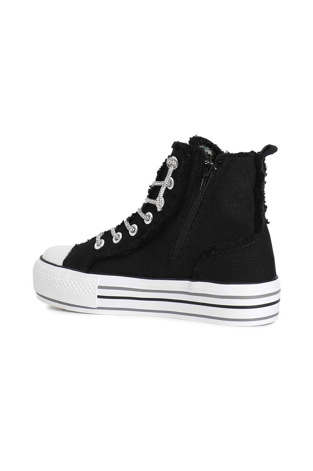 Sneaker mid in canvass con lacci strass nero