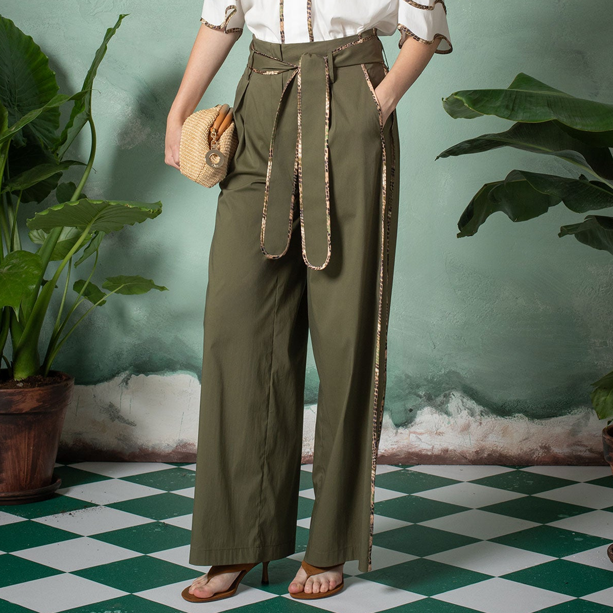 Pantalone bordato misto cotone