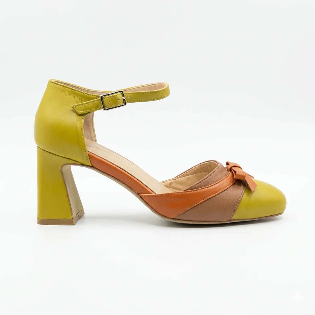 Décolleté in nappa lime, arancio e cuoio