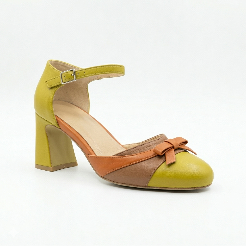 Décolleté in nappa lime, arancio e cuoio