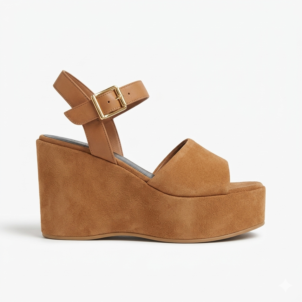 Sandalo fascia con zeppa in pelle suede