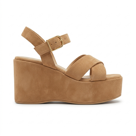 Sandalo fascia Incrocio con zeppa in pelle suede