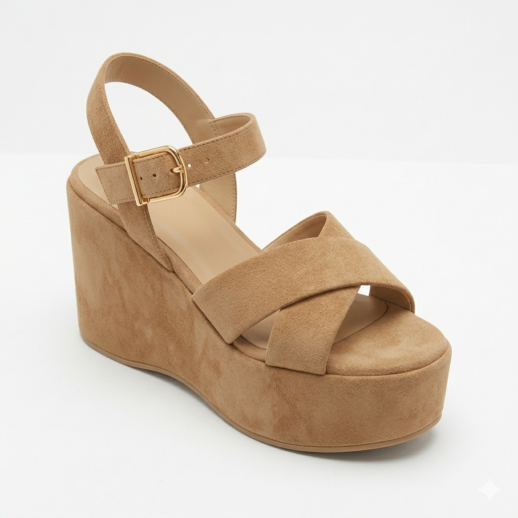 Sandalo fascia Incrocio con zeppa in pelle suede