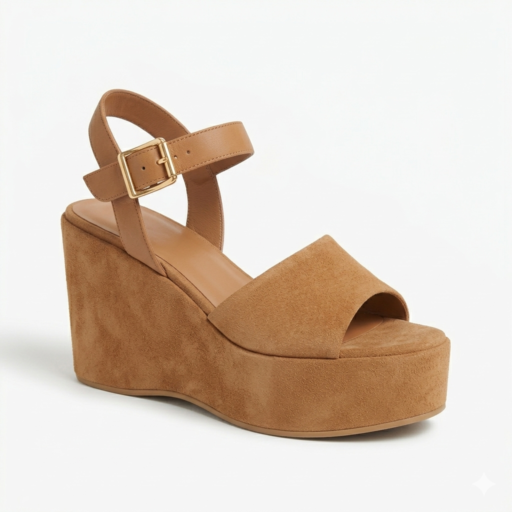 Sandalo fascia con zeppa in pelle suede
